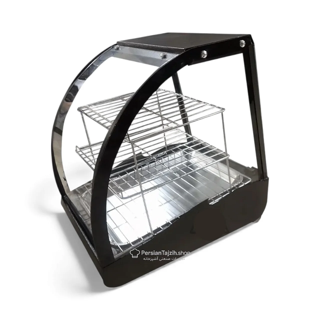 پیراشکی گرمکن رومیزی تک‌سینی ۴۰ سانت طبقه دار با شیشه خم و طبقه استیل